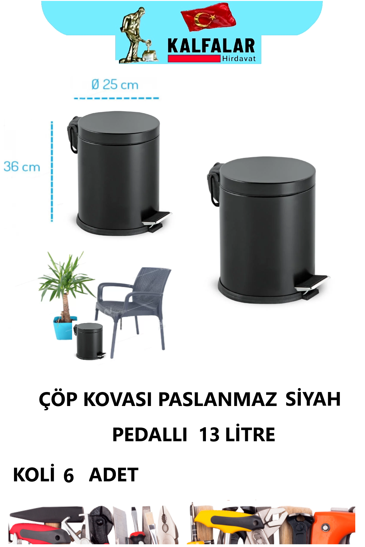 ÇÖP KOVASI PASLANMAZ SİYAH 13 LTR 