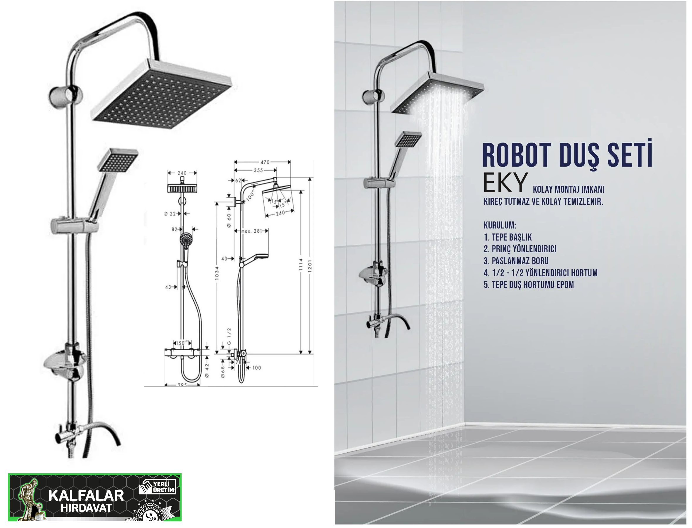 DUŞ SETİ ROBOT KARE PRİNÇ GÖBEK SİYAH KAFA