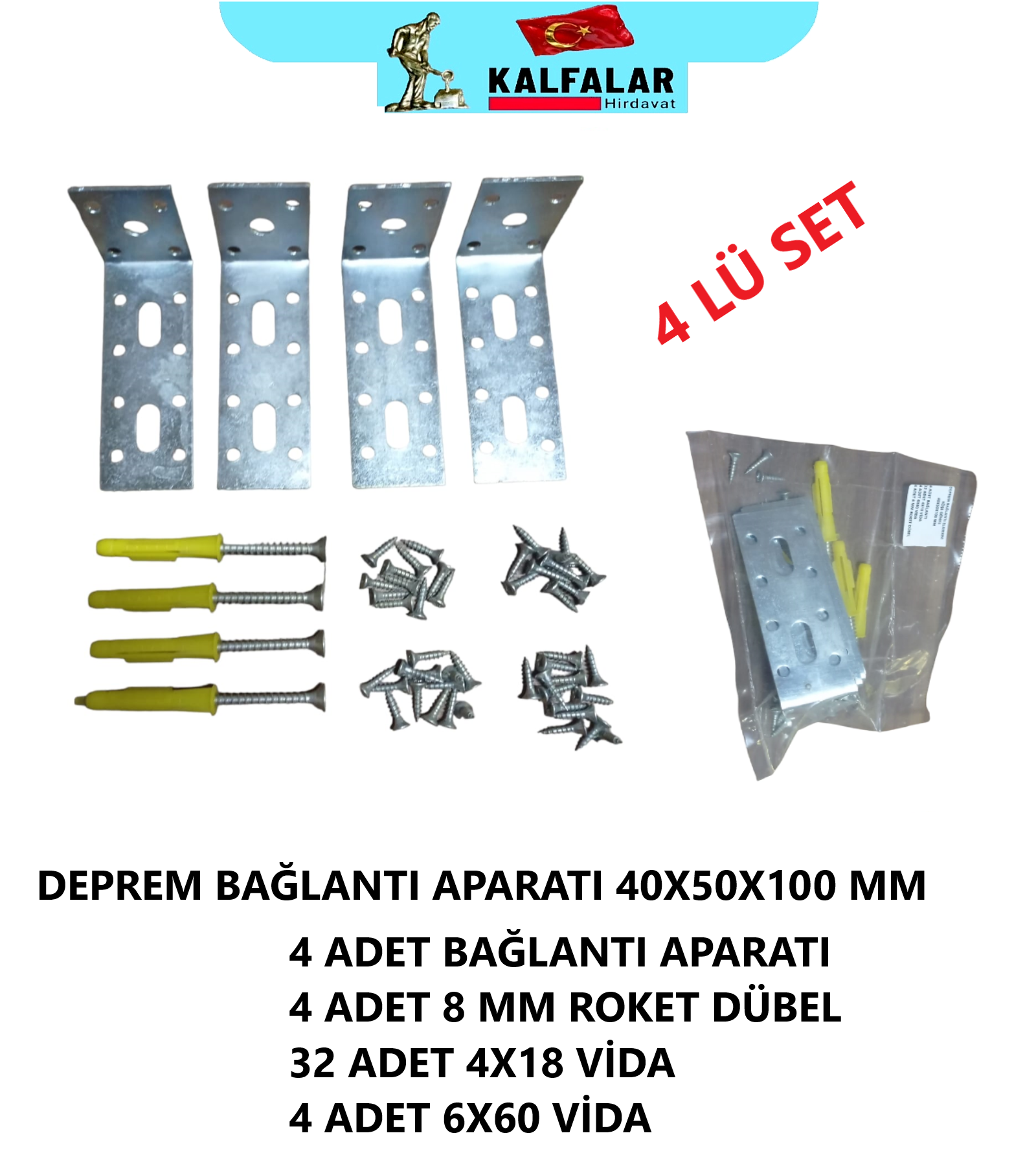 KÖŞE GÖNYE DEPREM BAĞLANTI APARAT 4 LÜ SET 40X50X100 MM 