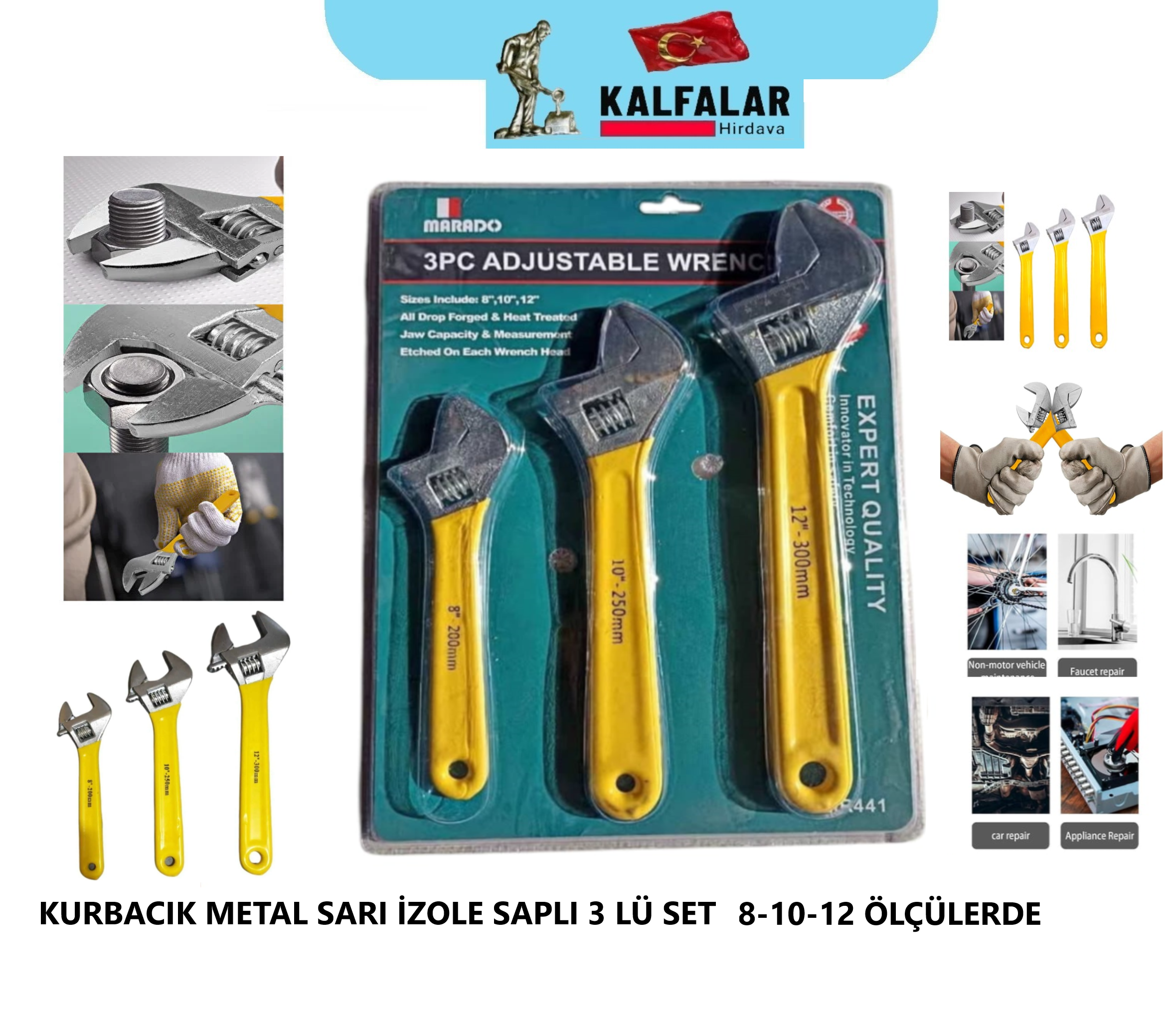 KURBACIK METAL SARI İZOLE 3 LÜ SET ÖLÇÜ  8-10-12