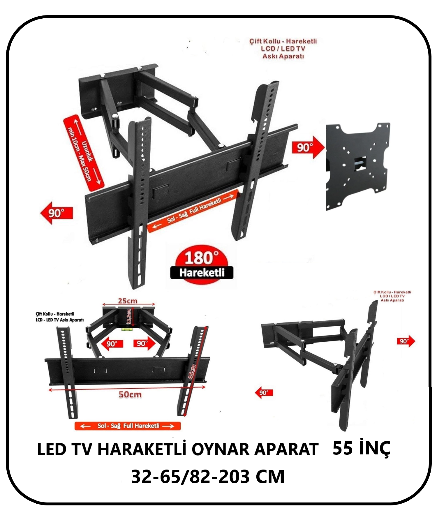 LED TV HARAKETLİ ÇİFT KOLLU OYNAR  APARAT  55 İNÇ 32-65/82-203 CM
