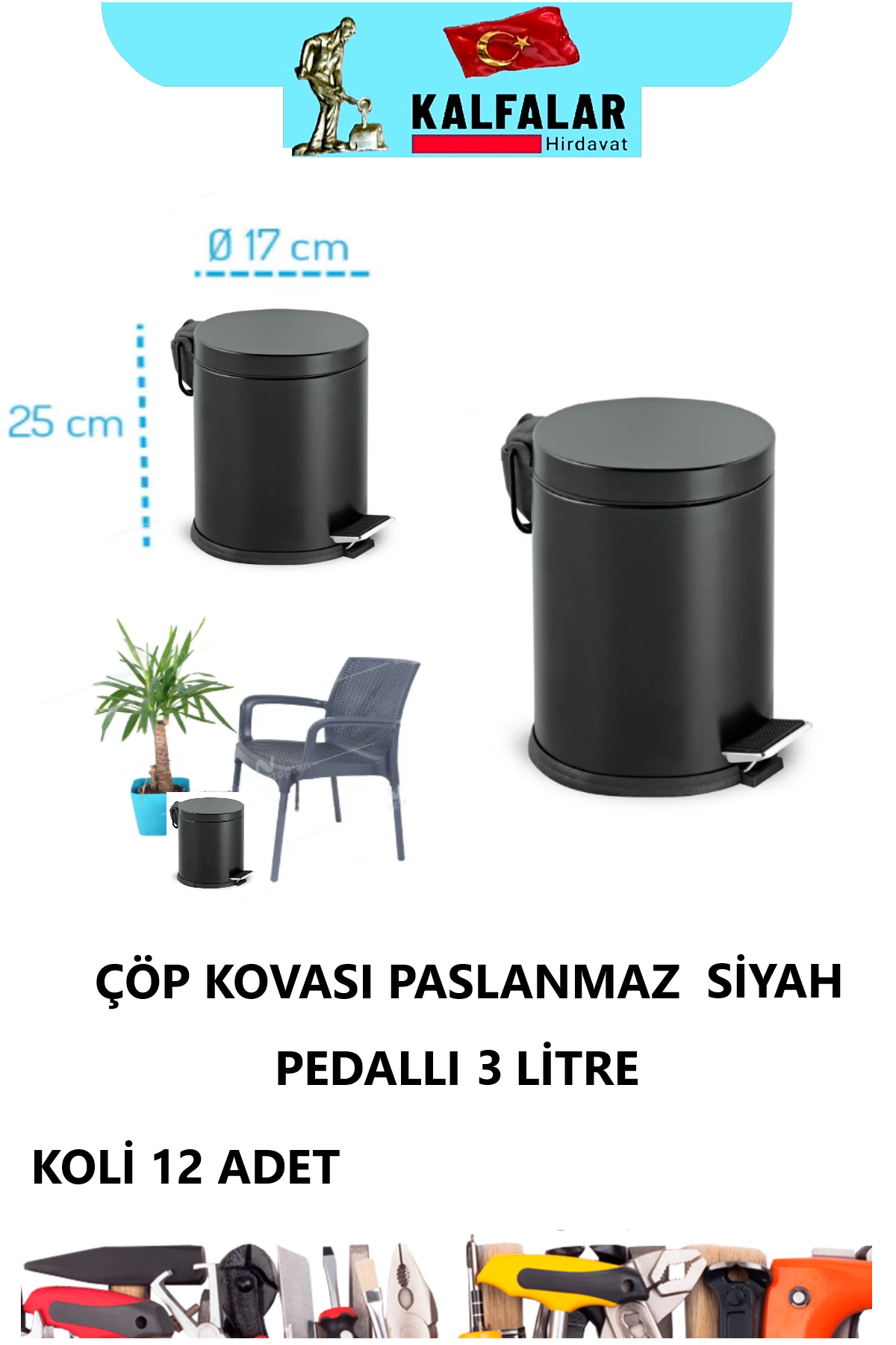 ÇÖP KOVASI PASLANMAZ SİYAH 3 LTR