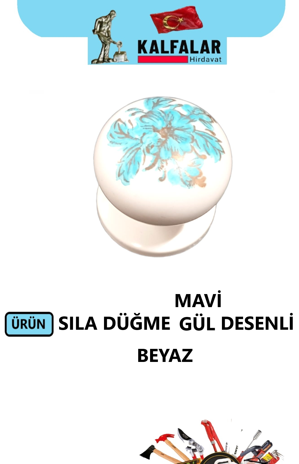 DÜĞME KULP SILA BEYAZ MAVİ GÜL DESENLİ