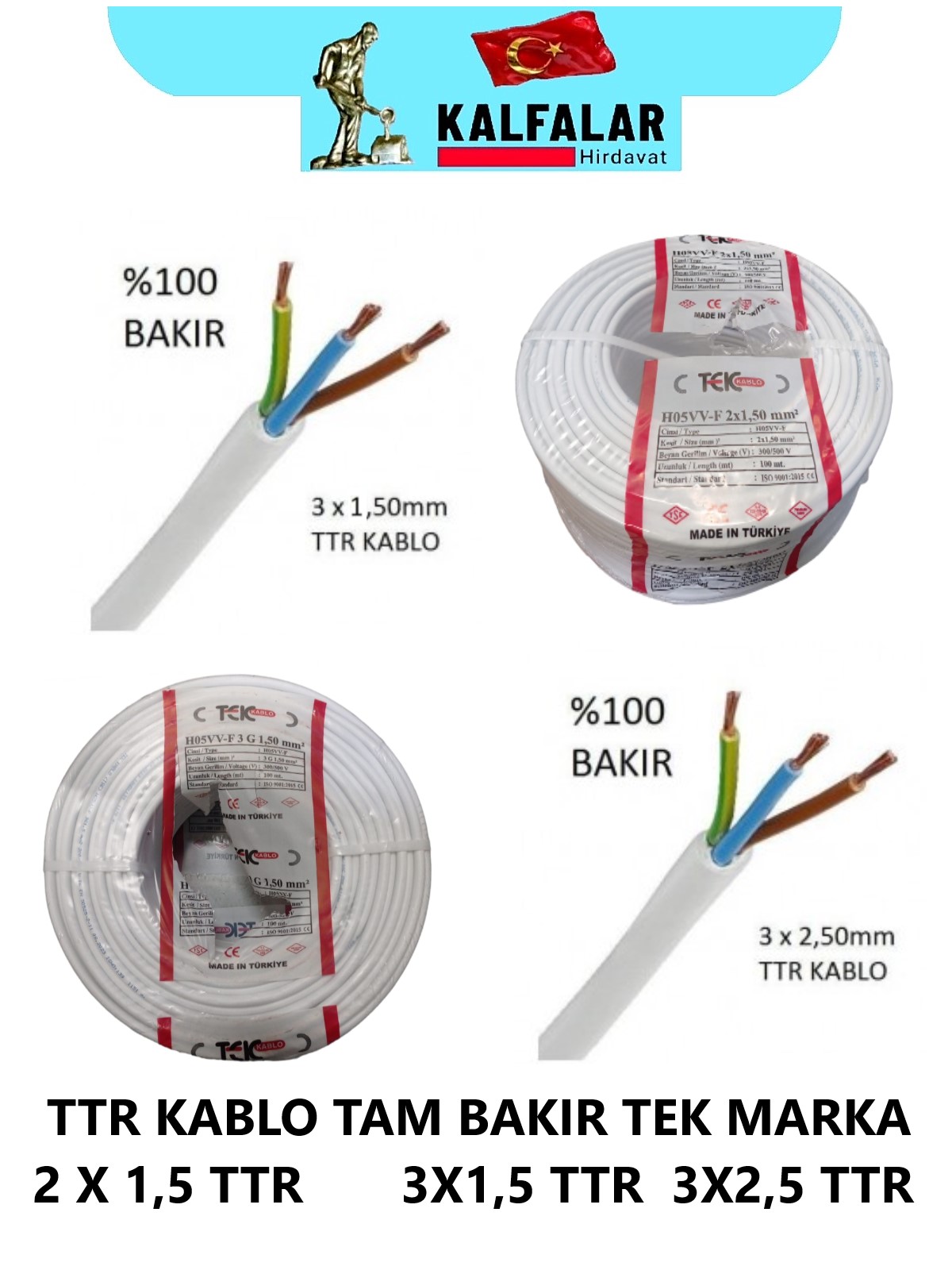 KABLO ELEKTRİK 3X2,5 TTR TOP 100 MT %100 TAM BAKIR