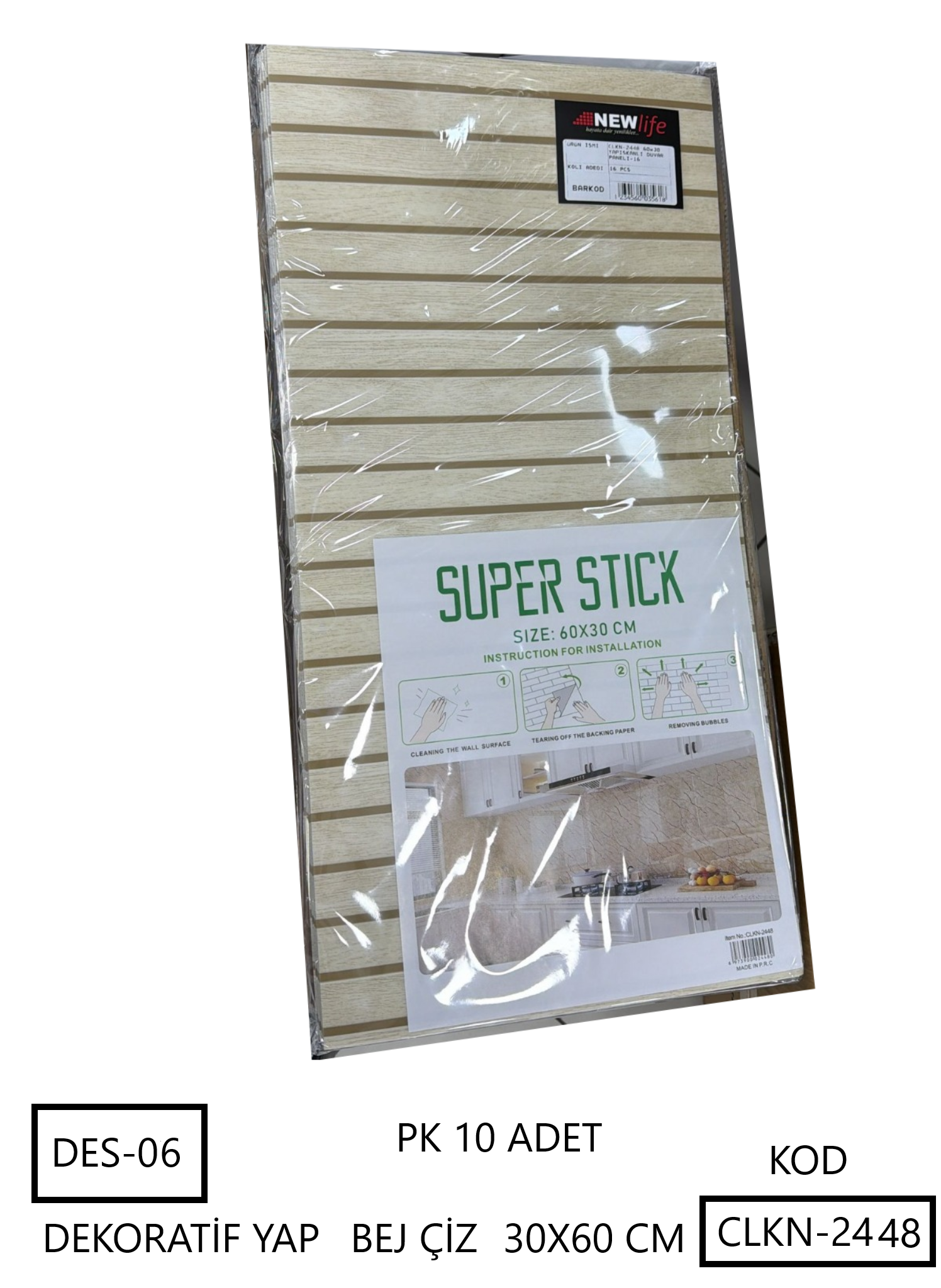 DEKORATİF YAPIŞTIRMA BEJ ÇİZGİLİ ÖLÇÜ 30X60 DES-6 CLKN-2448 PK 10 ADET 