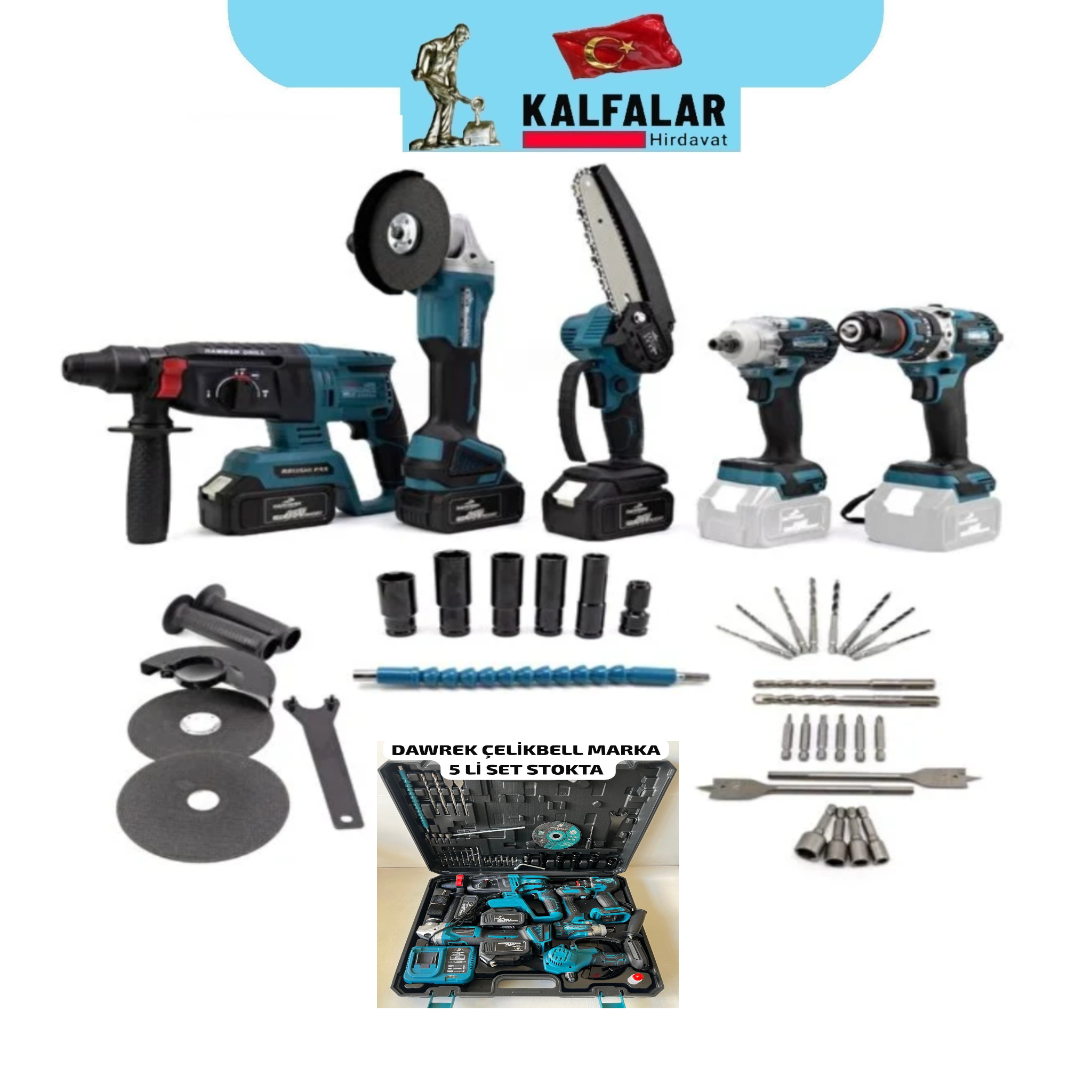 DAWREK AKÜLÜ HİLTİ-SPRAL-SOMUN SÖKME-ŞARJLI MATKAP-PALA TESTERE 5 Lİ SET