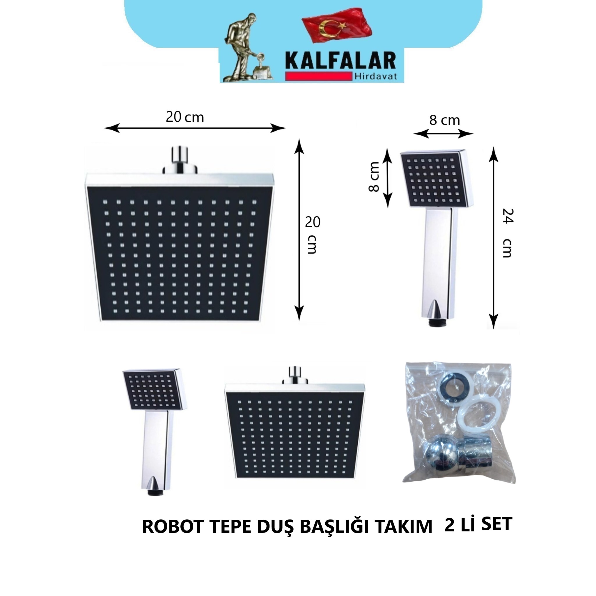 DUŞ BAŞLIĞI TEPE ROBOT KARE KROM-SİYAH SET