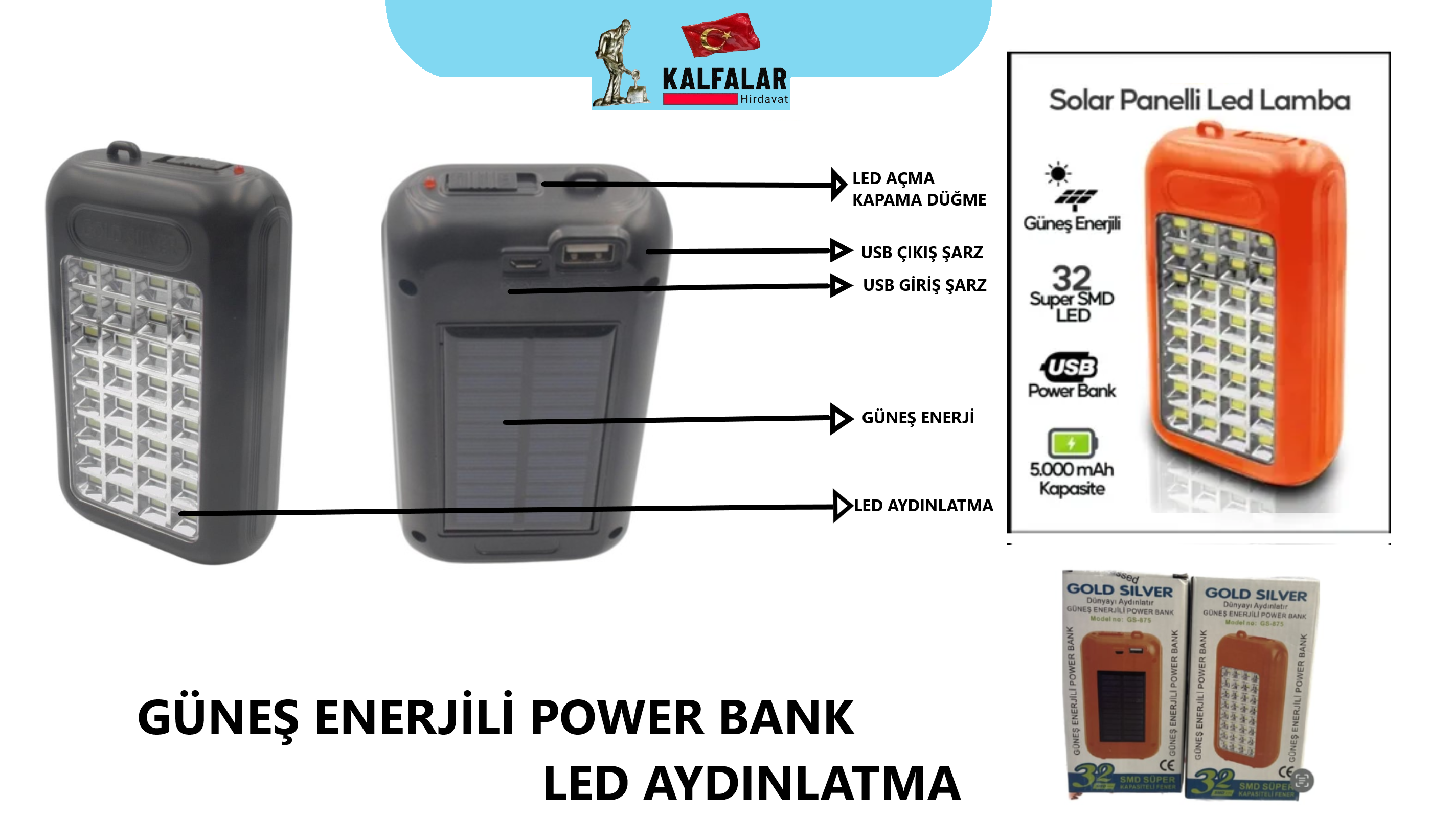 LED GÜNEŞ ENERJİLİ POWER BANK LED AYDINLATMA GS-875