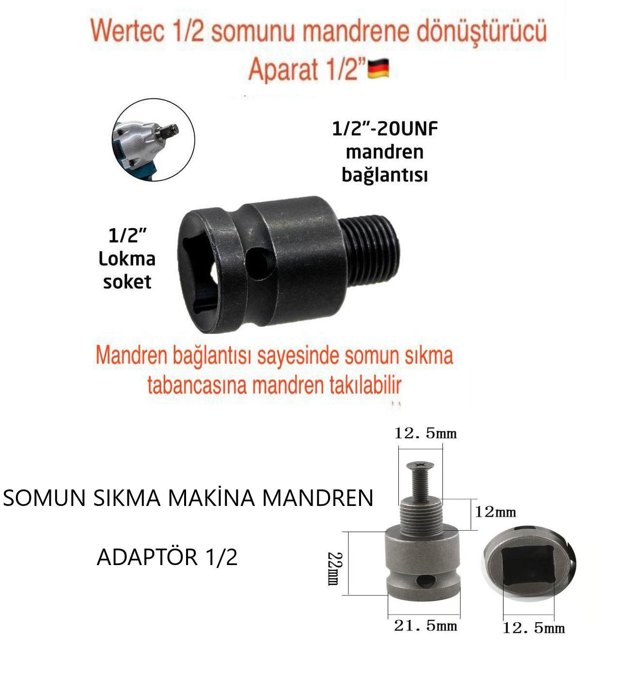 MANDREN ADAPTÖRÜ SOMUN SIKMA MAKİNA ADAPTÖRÜ 1/2