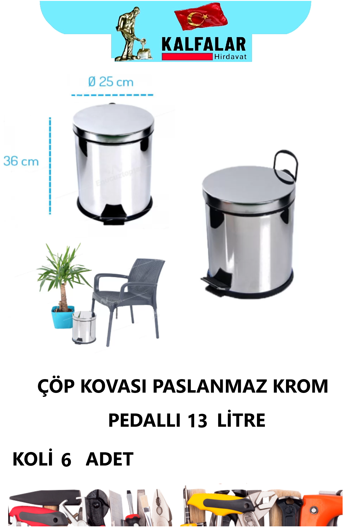 ÇÖP KOVASI PASLANMAZ KROM 13 LTR 