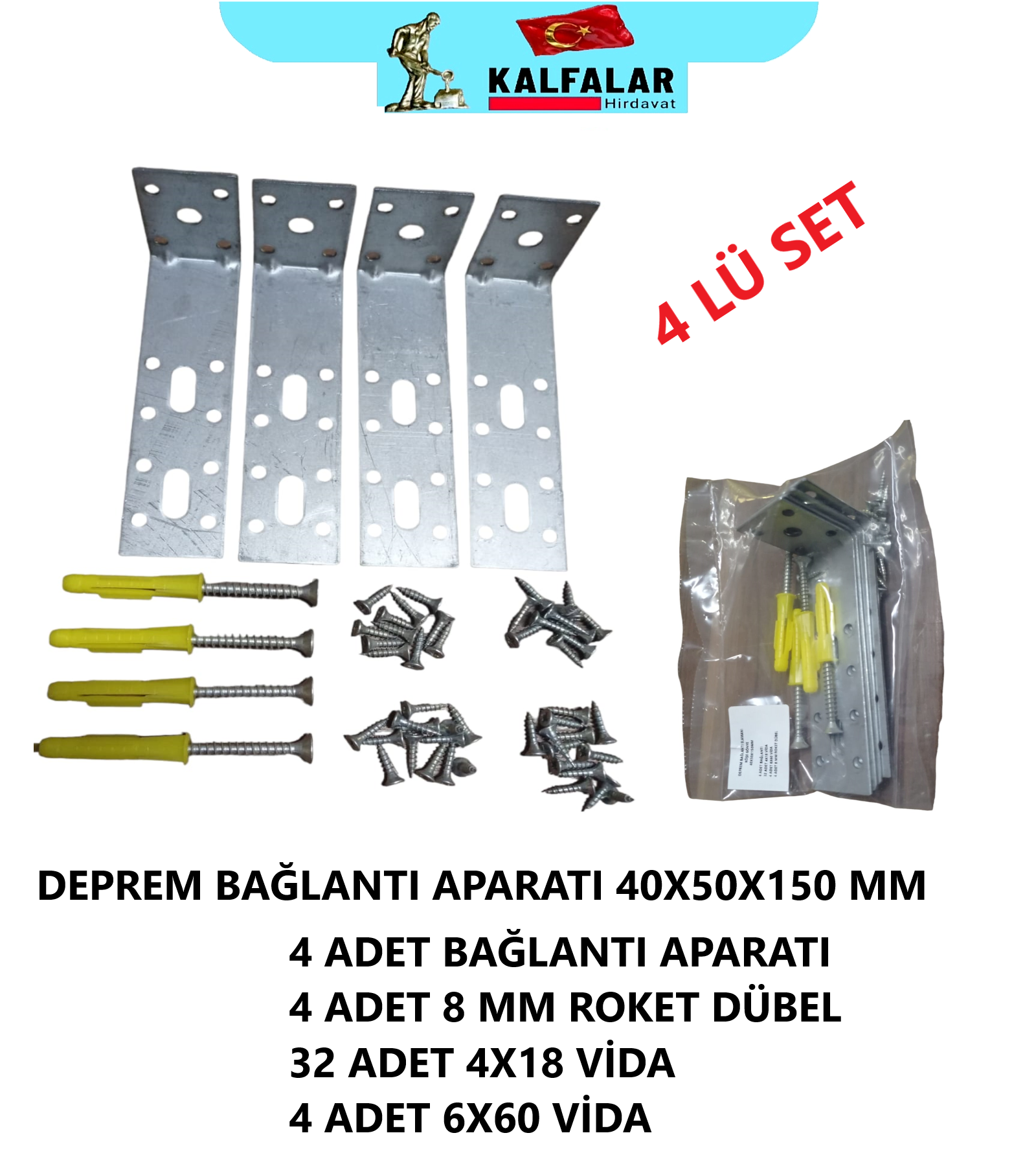 KÖŞE GÖNYE DEPREM BAĞLANTI APARAT 4 LÜ SET 40X50X150 MM 