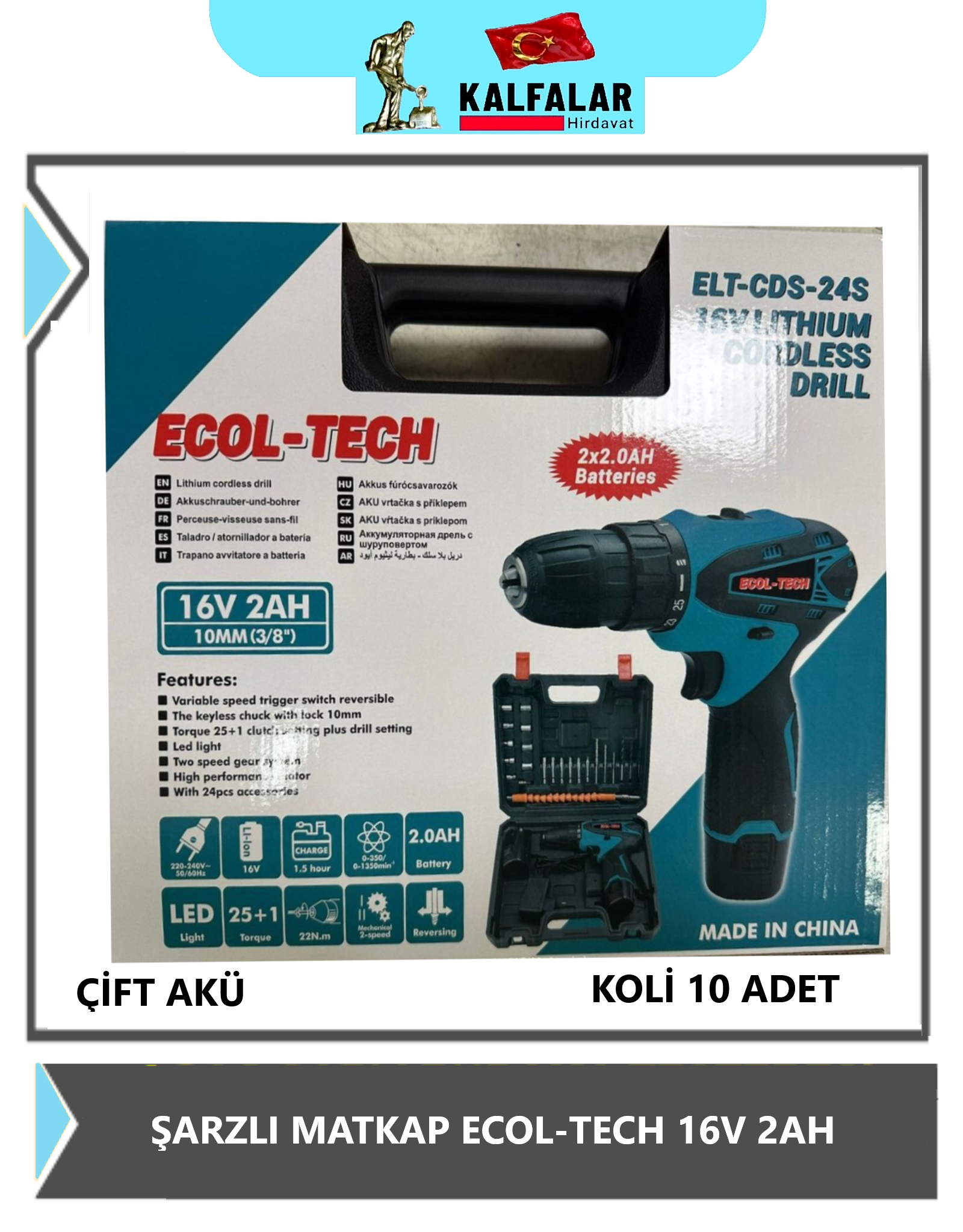 ŞARZLI MATKAP 16 WAT 2AH  ÇİFT AKÜ ECOL-TECH 24 PCS SETLİ 