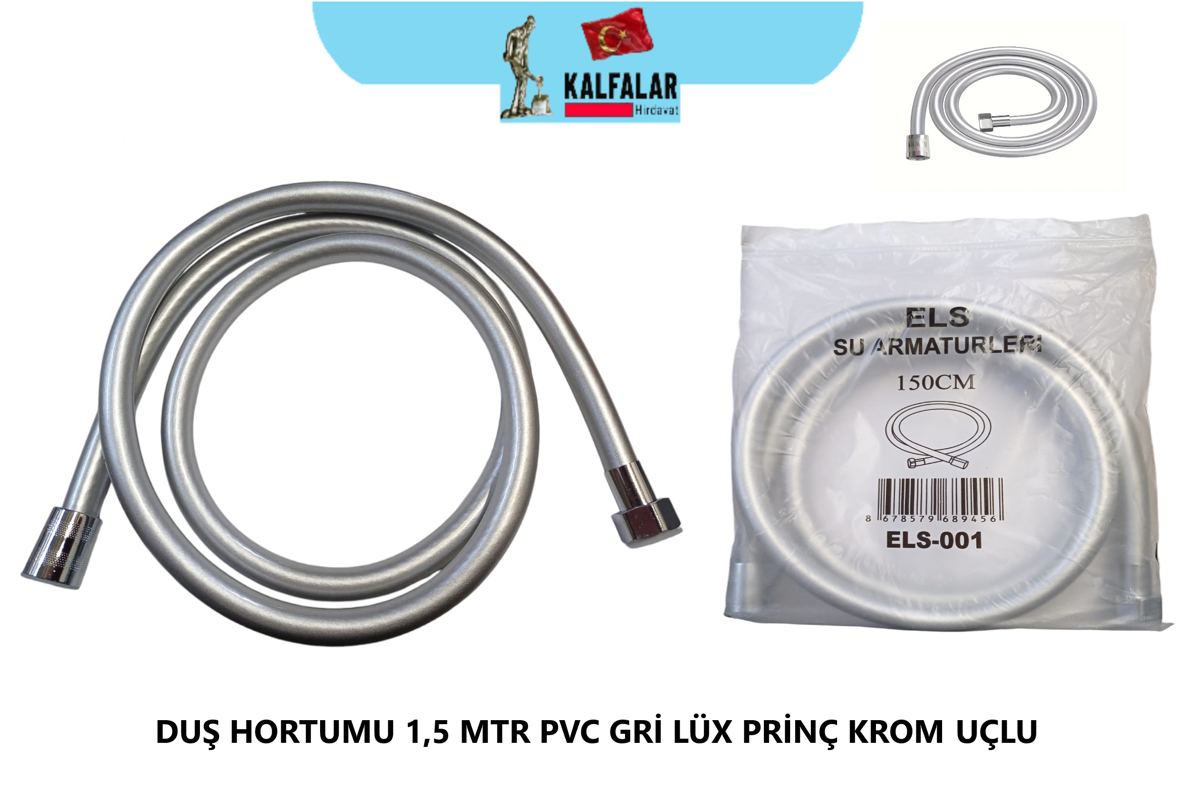 DUŞ HORTUMU 1,5 MTR PVC GRİ LÜX PRİNÇ KROM UÇLU