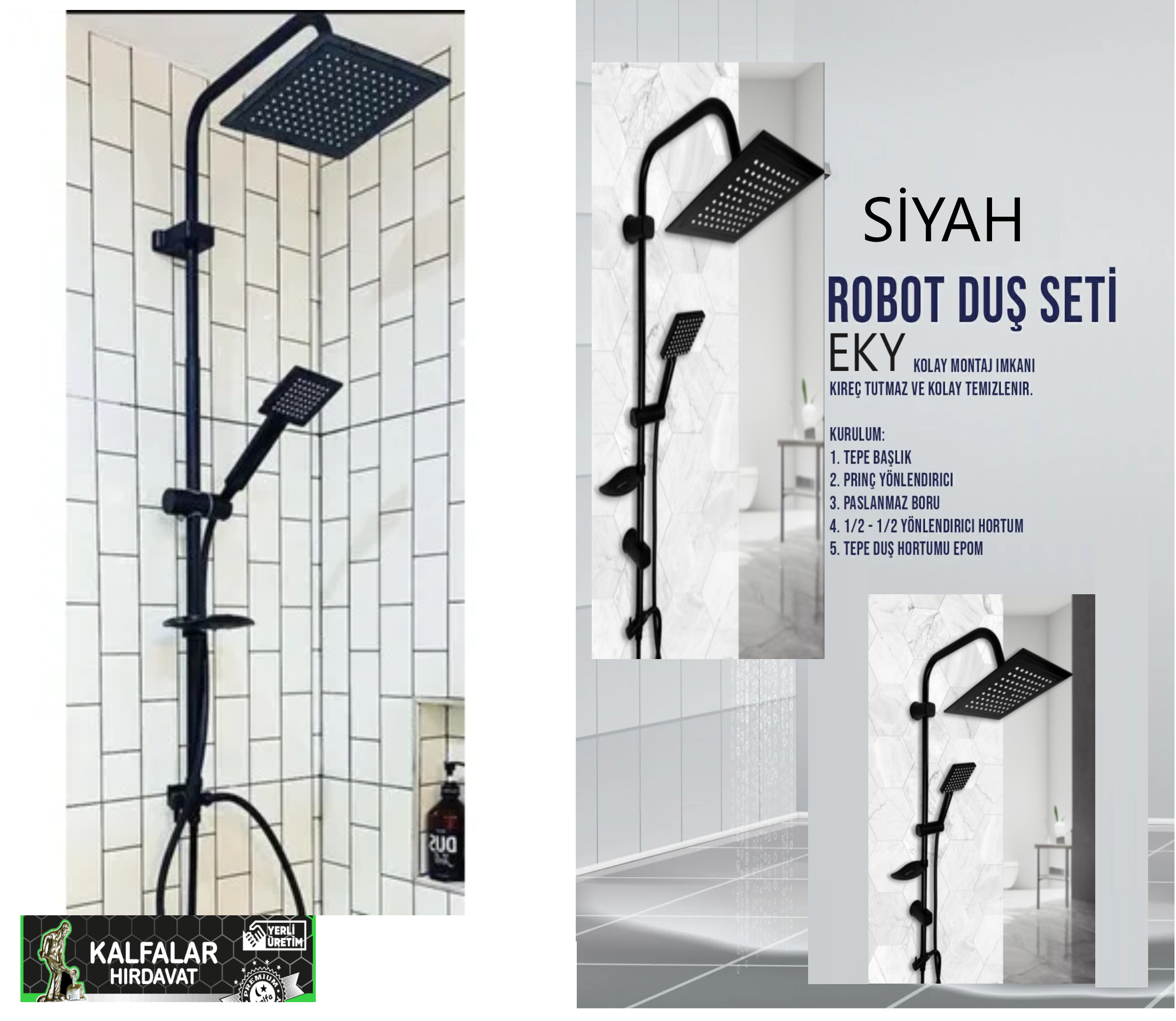 DUŞ SETİ ROBOT KARE PRİNÇ GÖBEK SİYAH LÜX MODEL