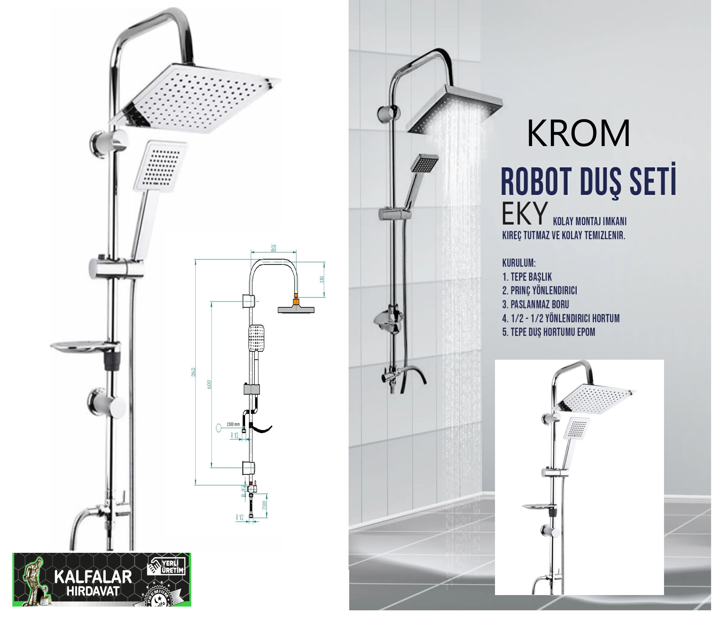 DUŞ SETİ ROBOT KARE PRİNÇ GÖBEK KROM LÜX MODEL