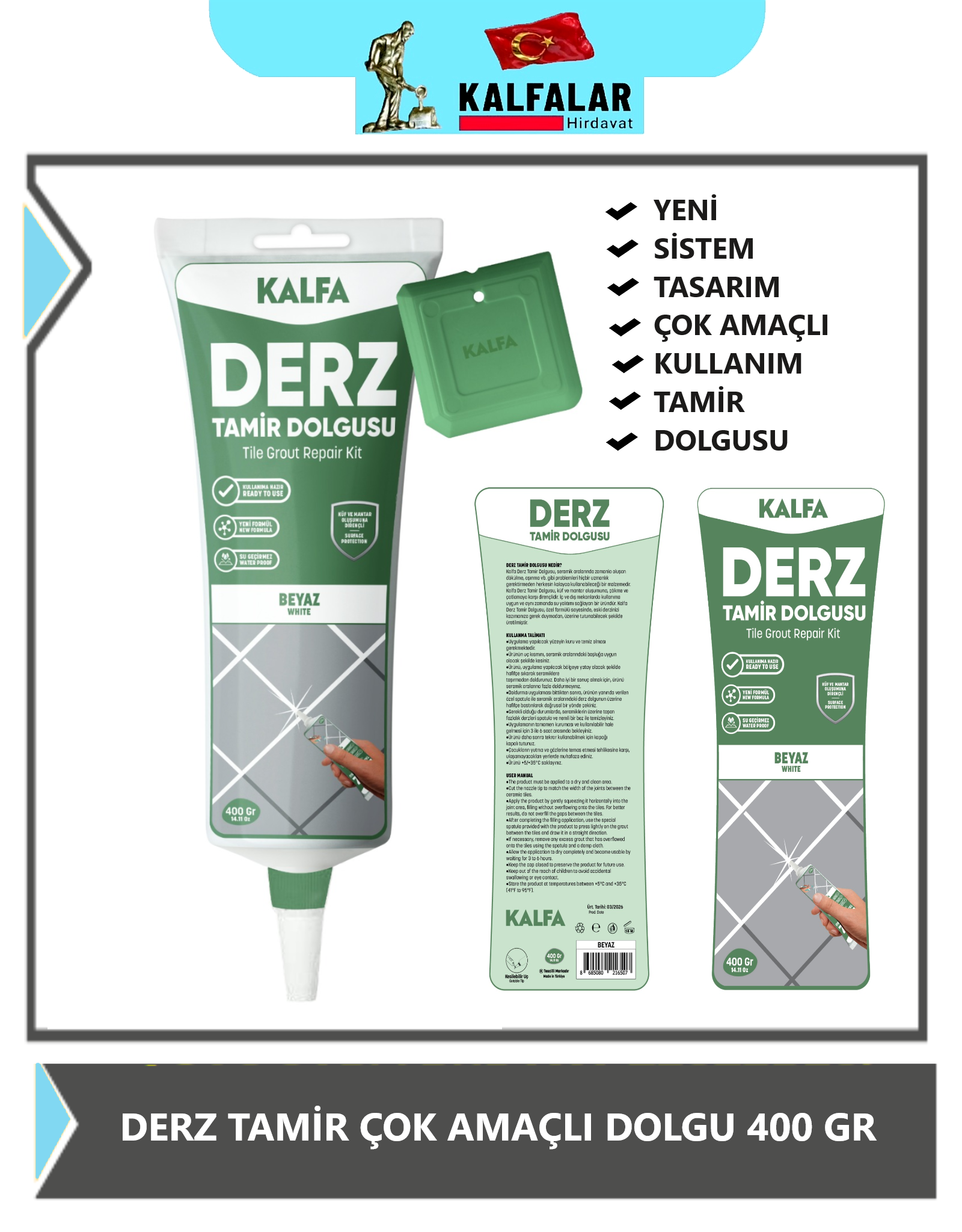 DERZ TAMİR DOLGU GRİ 400 GR KALFA
