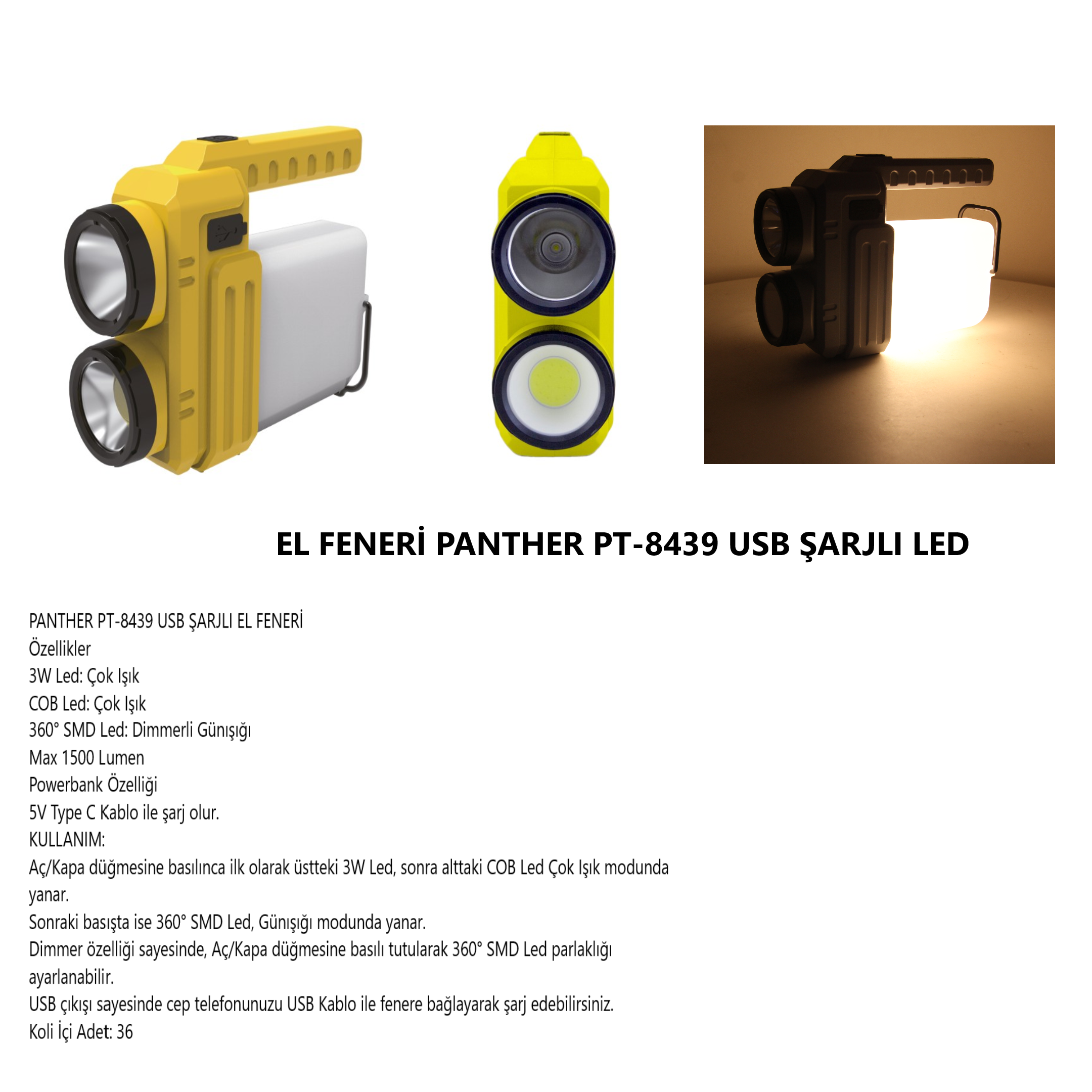 EL FENERİ PANTHER PT-8439 USB ŞARJLI LED 