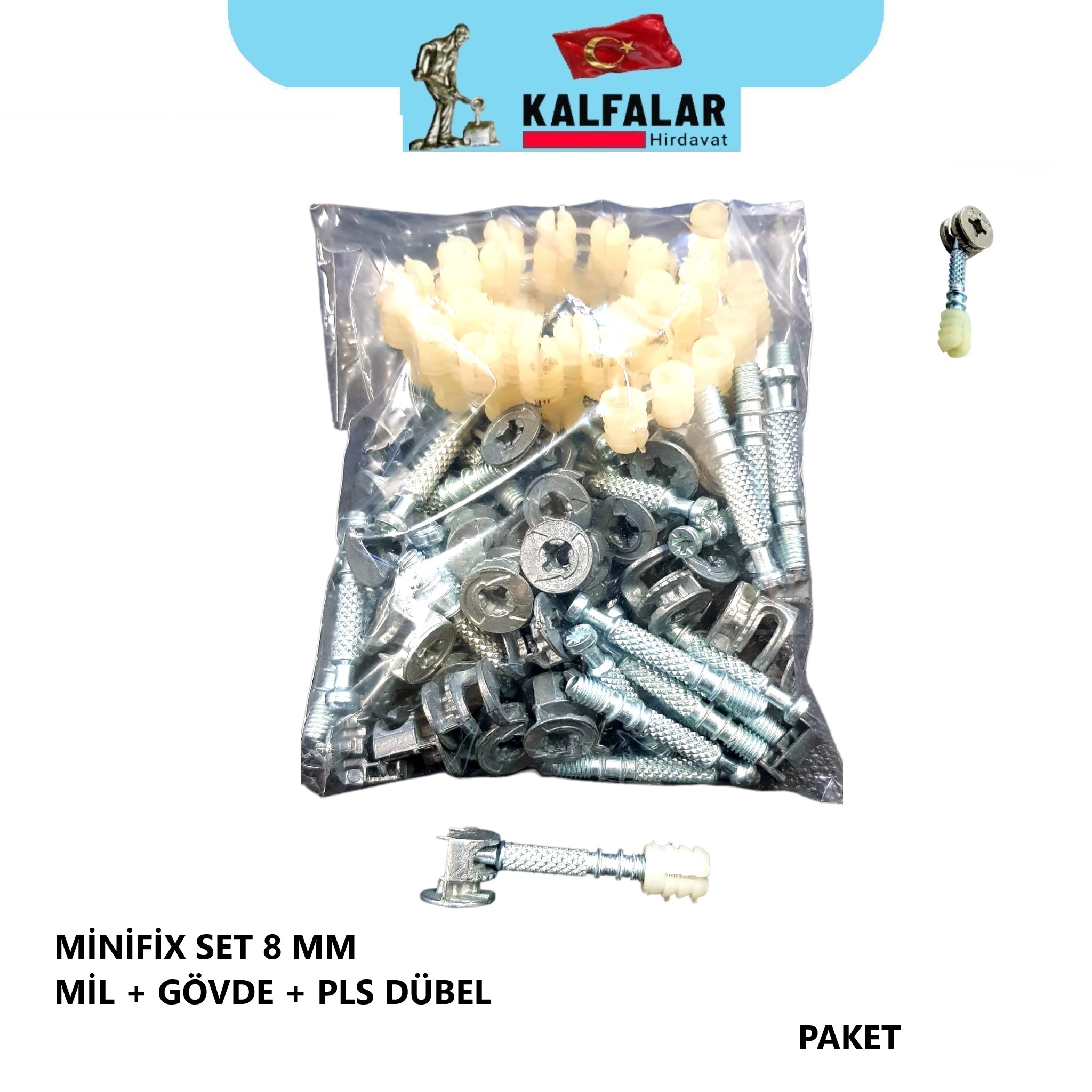 MİNİFİX TAKIM 8 MM MİL + GÖVDE + PLS DÜBEL  PK 50 ADET